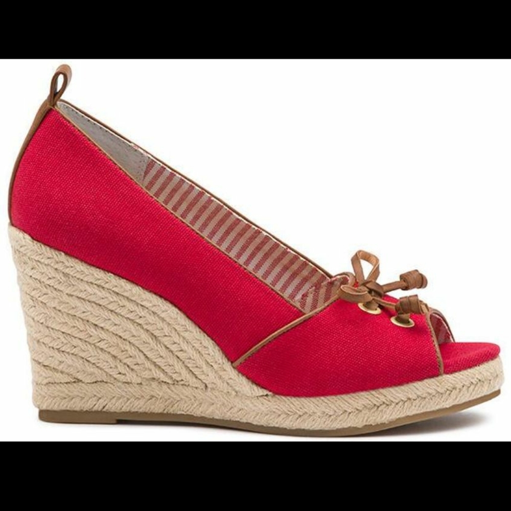 NIB Bass 7 Annie Red Canvas Espadrille Wedge Heels